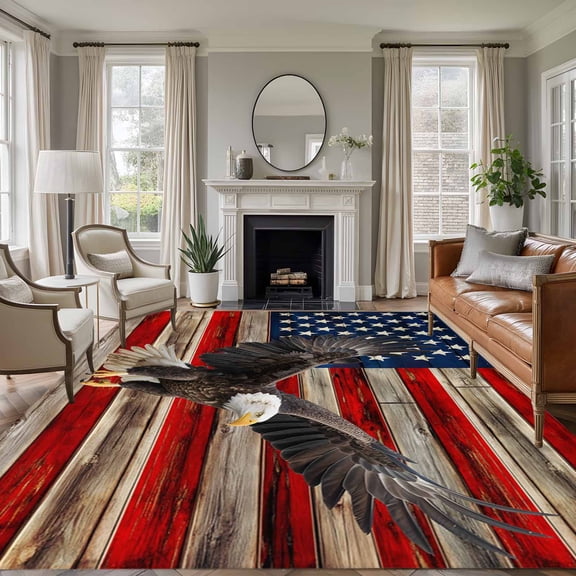 Large Area Rug 5x7 Ft, American Flag Non Slip Area Rugs for Bedroom, Eagle Blue Red USA Flag Retro Washable Low Pile Indoor Throw Carpet for Living Room Dining Room Nursery Home Office