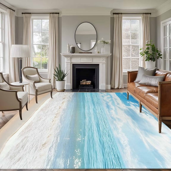 Large Area Rug 5x7 Ft, Blue Ocean Non Slip Area Rugs for Bedroom, Coastal Sea Beach Shore Sky Waves Scenery Washable Low Pile Indoor Throw Carpet for Living Room Dining Room Nursery Home Office