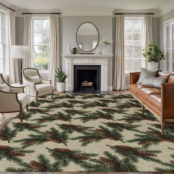 Large Area Rug 5x7 Ft, Christmas Non Slip Area Rugs for Bedroom, Xmas Pine Cones Botanical Rustic Washable Low Pile Indoor Throw Carpet for Living Room Dining Room Nursery Home Office