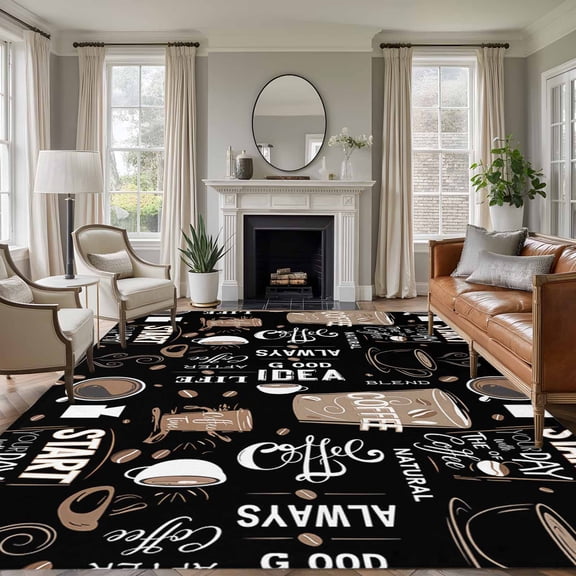 Large Area Rug 5x7 Ft, Coffee Black Non Slip Area Rugs for Bedroom, Brown Beans Cup Dessert Drink Monochrome Washable Low Pile Indoor Throw Carpet for Living Room Dining Room Nursery Home Office