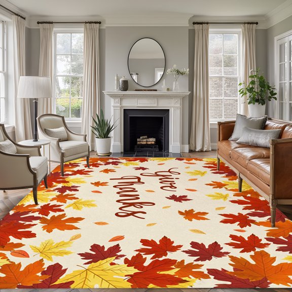 Large Area Rug 5x7 Ft, Fall Non Slip Area Rugs for Bedroom, Gold Red Maple Leaf Thanksgiving Autumn Farmhouse Washable Low Pile Indoor Throw Carpet for Living Room Dining Room Nursery Home Office
