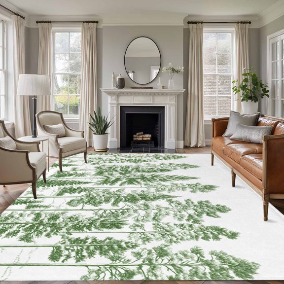 Large Area Rug 5x7 Ft, Green Pine Tree Non Slip Area Rugs for Bedroom, Vintage Watercolor Botanical Washable Low Pile Indoor Throw Carpet for Living Room Dining Room Nursery Home Office