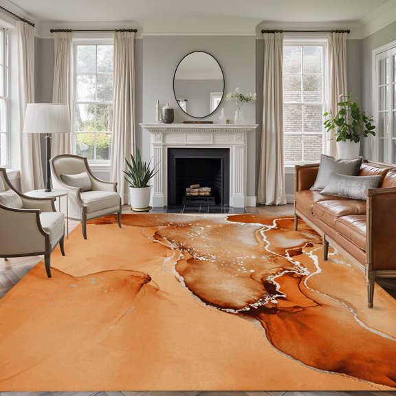 Large Area Rug 5x7 Ft, Marble Burnt Orange Non Slip Area Rugs for Bedroom, Modern Abstract Ink Painting Luxury Washable Low Pile Indoor Throw Carpet for Living Room Dining Room Nursery Home Office