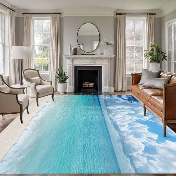 Large Area Rug 5x7 Ft, Ocean Blue Non Slip Area Rugs for Bedroom, Beach Nature Coast Sea Shore Sky Seawater Washable Low Pile Indoor Throw Carpet for Living Room Dining Room Nursery Home Office