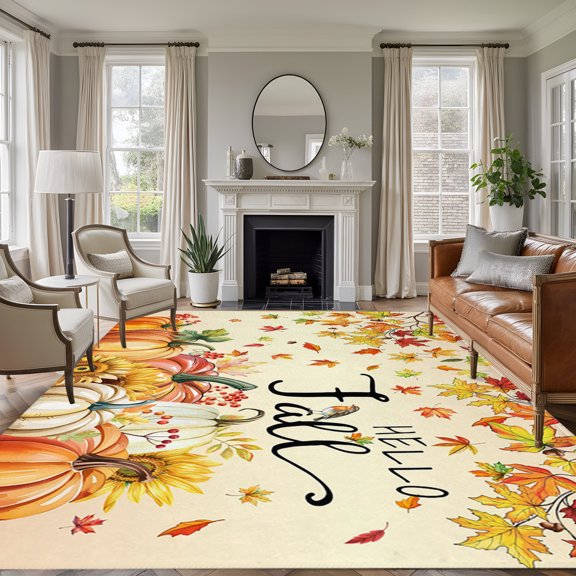 Large Area Rug 5x7 Ft, Orange Hello Fall Non Slip Area Rugs for Bedroom, Thanksgiving Pumpkins Maple Leaf Washable Low Pile Indoor Throw Carpet for Living Room Dining Room Nursery Home Office