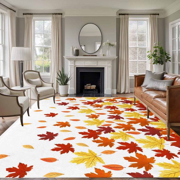 Large Area Rug 5x7 Ft, Orange Yellow Maple Leaf Non Slip Area Rugs for Bedroom, Thanksgiving Fallen Leaves Washable Low Pile Indoor Throw Carpet for Living Room Dining Room Nursery Home Office