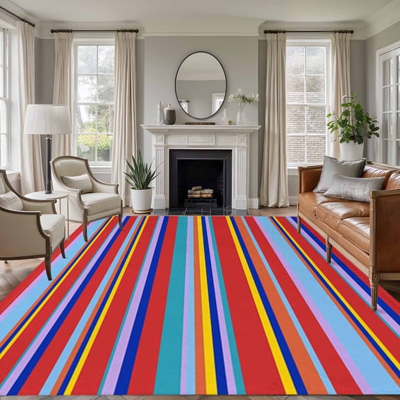 Large Area Rug 5x7 Ft, Rainbow Striped Non Slip Area Rugs for Bedroom, Red Blue Yellow Geometric Abstract Washable Low Pile Indoor Throw Carpet for Living Room Dining Room Nursery Home Office