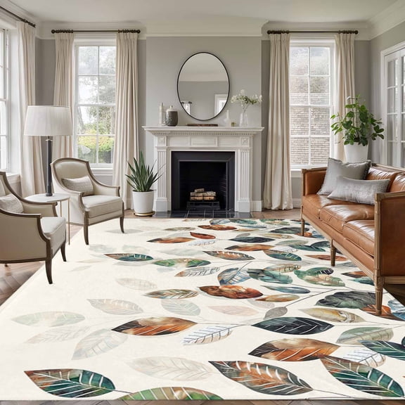 Large Area Rug 5x7 Ft, Teal Brown Botanical Non Slip Area Rugs for Bedroom, Pastoral Fall Weeping Maple Leaf Washable Low Pile Indoor Throw Carpet for Living Room Dining Room Nursery Home Office