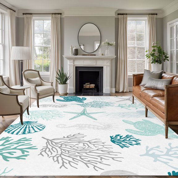 Large Area Rug 5x7 Ft, Turquoise Coastal Non Slip Area Rugs for Bedroom, Nautical Summer Beach Coral Sea Turtle Washable Low Pile Indoor Throw Carpet for Living Room Dining Room Nursery Home Office