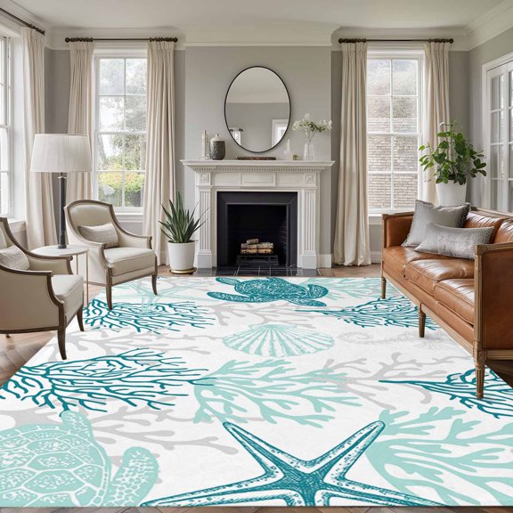 Large Area Rug 5x7 Ft, Turquoise Coastal Non Slip Area Rugs for Bedroom, Sea Turtle Nautical Coral Summer Beach Washable Low Pile Indoor Throw Carpet for Living Room Dining Room Nursery Home Office
