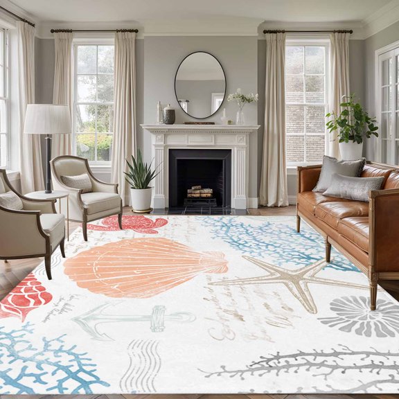Large Area Rug 5x7Ft,Orange Red Blue Coastal Nautical Non Slip Area Rugs for Bedroom,Beach Sea Turtle Ocean Coral Starfish Low Pile Indoor Throw Carpet for Living Room Dining Room Nursery Home Office