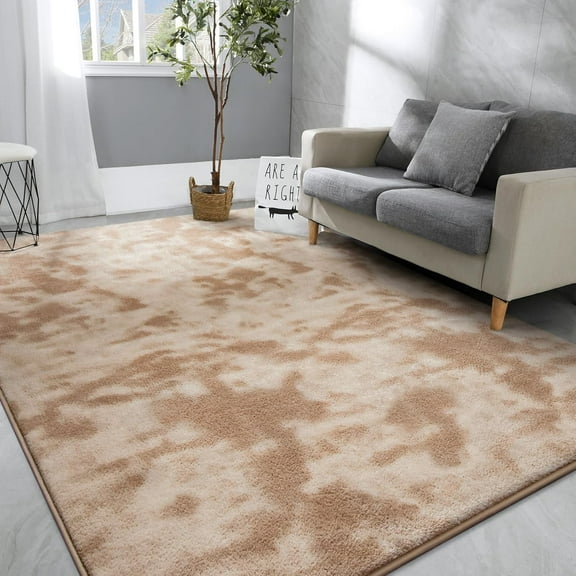 Large Area Rug, 5x8 Tie-Dyed Beige Fluffy Shag Rugs for Living Room Bedroom, Modern Aesthetic Super Soft Anti-Skid Indoor Carpet for Nursery Kids Room Home Decor