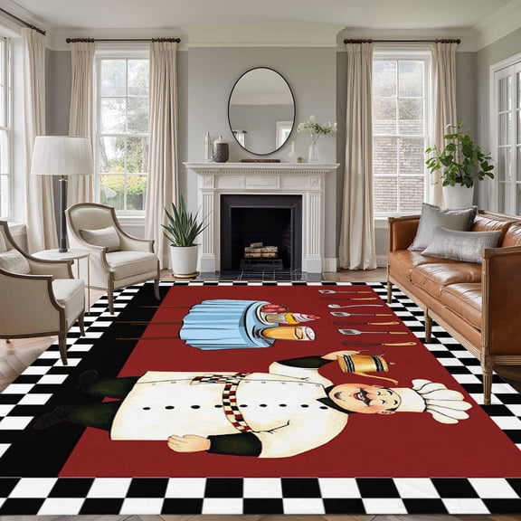 Large Area Rug 6'x9',Chef Non-slip Runner Carpet for Living Room/Bedroom/Office,Cartoon Red Food Cooking Black White Buffalo Check Outdoor Indoor Rectangle Area Rugs Floor Mat for Kitchen/Dining Room