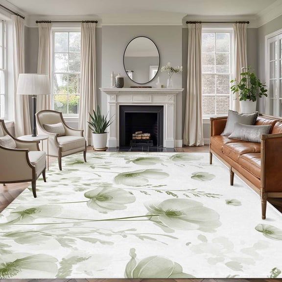 Large Area Rug 6'x9', Sage Green Spring Floral Non-slip Runner Carpet for Living Room/Bedroom/Office, Summer Botanical Watercolor Vintage Outdoor Indoor Area Rugs Floor Mat for Kitchen/Dining Room