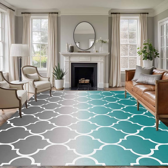 Large Area Rug 6'x9', Teal Grey Ombre Morocco Pattern Non-slip Runner Carpet for Living Room/Bedroom/Office, Modern Moroccan Geometric Outdoor Indoor Area Rugs Floor Mat for Kitchen/Dining Room