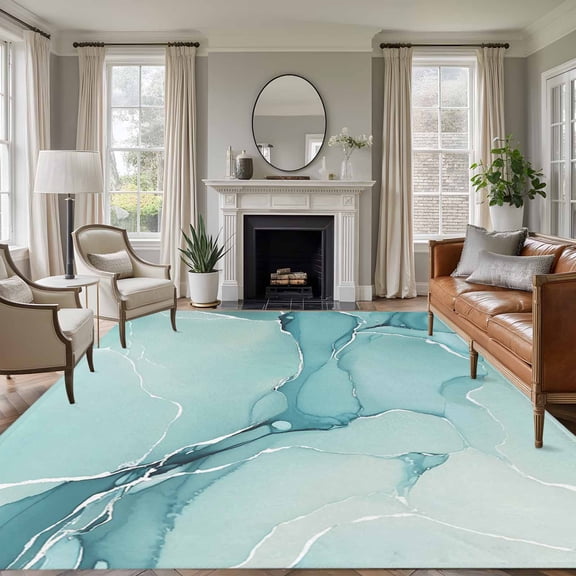 Large Area Rug 6'x9', Turquoise Non-slip Runner Carpet for Living Room/Bedroom/Office, Modern Marble Ink Painting Abstract Art Outdoor Indoor Rectangle Area Rugs Floor Mat for Kitchen/Dining Room