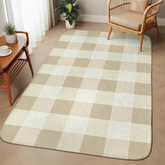 Large Area Rug 63"x78.7", Beige Plaid Absorbent Non Slip Indoor Outdoor Carpet, Spring Summer Farmhouse Buffalo Checkered Low Profile Floor Rug Doormat for Home Living Room Dining Room Bedroom Office