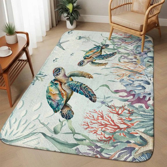 Large Area Rug 63"x78.7", Coastal Turtle Absorbent Non Slip Indoor Outdoor Carpet, Ocean Starfish Coral Nautical Octopus Low Profile Floor Rug Doormat for Home Living Room Dining Room Bedroom Office
