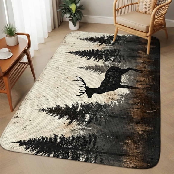 Large Area Rug 63"x78.7", Forest Elk Absorbent Non Slip Indoor Outdoor Carpet, Rustic Nature Tree Retro Deer Silhouette Low Profile Floor Rug Doormat for Home Living Room Dining Room Bedroom Office