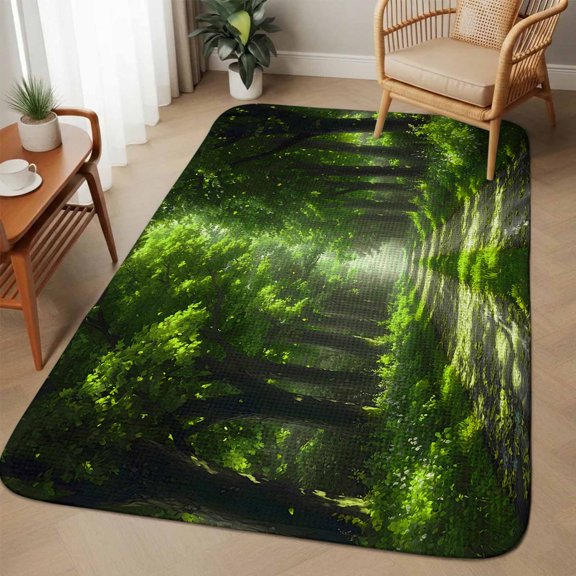 Large Area Rug 63"x78.7",Green Trees Absorbent Non Slip Indoor Outdoor Carpet,Forest Art Decor Spring Summer Nature Leaf Low Profile Floor Rug Doormat for Home Living Room Dining Room Bedroom Office