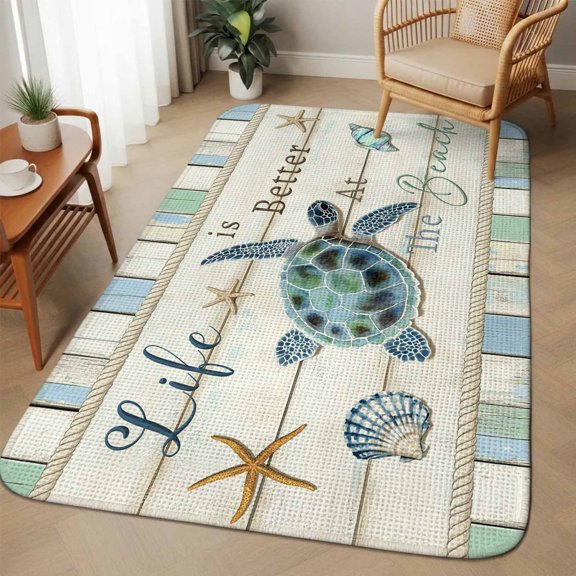 Large Area Rug 63"x78.7",Ocean Turtle Absorbent Non Slip Indoor Outdoor Carpet,Coastal Blue Starfish Shell Conch Wood Grain Low Profile Floor Rug Doormat for Living Room Dining Room Bedroom Office