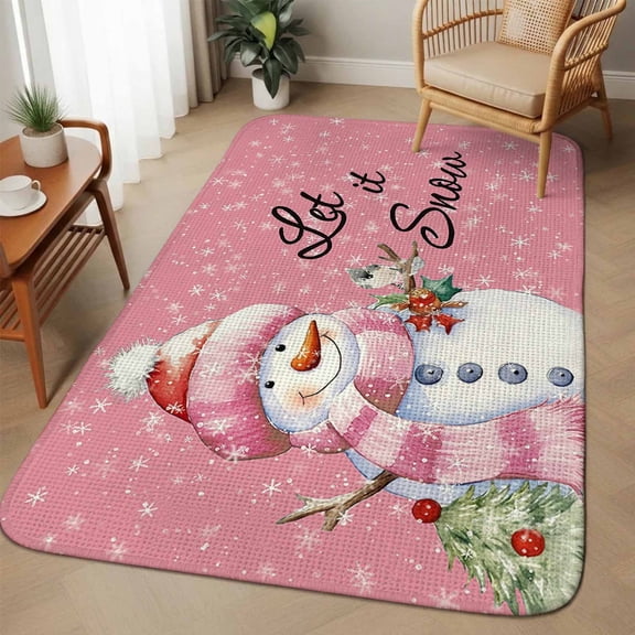 Large Area Rug 63"x78.7", Pink Christmas Snowman Absorbent Non Slip Indoor Outdoor Carpet, Xmas Birds Winter Snowflake Low Profile Floor Rug Doormat for Home Living Room Dining Room Bedroom Office