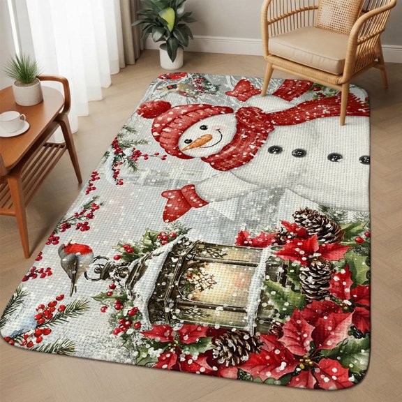 Large Area Rug 63"x78.7", Red Snowman Christmas Absorbent Non Slip Indoor Outdoor Carpet, Snowflake Xmas Tree Poinsettia Low Profile Floor Rug Doormat for Home Living Room Dining Room Bedroom Office