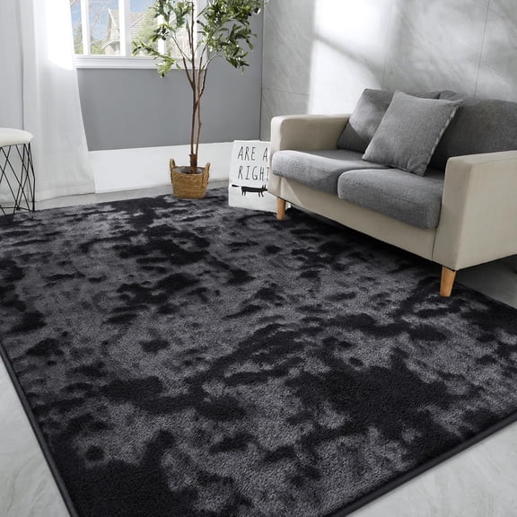 Large Area Rug, 6x9 Tie-Dyed Dark Grey Fluffy Shag Rugs for Living Room Bedroom, Modern Aesthetic Super Soft Anti-Skid Indoor Carpet for Nursery Kids Room Home Decor