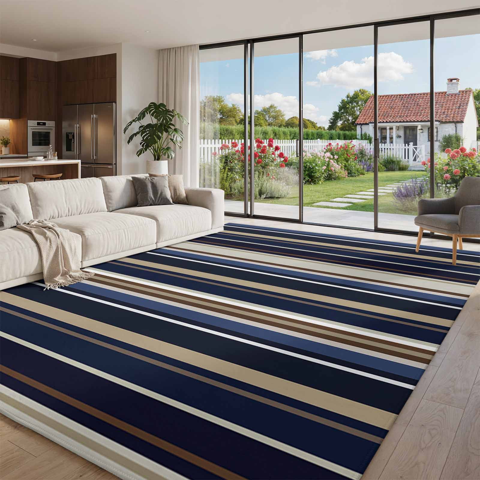 Large Area Rug 6x9ft, Blue and Brown Geometric Stripe Pattern Runner ...