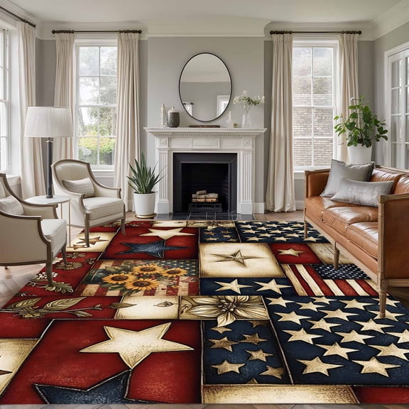 Large Area Rug 8'x10', American Flag Non-slip Runner Carpet for Living Room/Bedroom/Office, Texas Star Farmhouse Sunflowers Blue Red Outdoor Indoor Area Rug Floor Mat for Kitchen/Dining Room