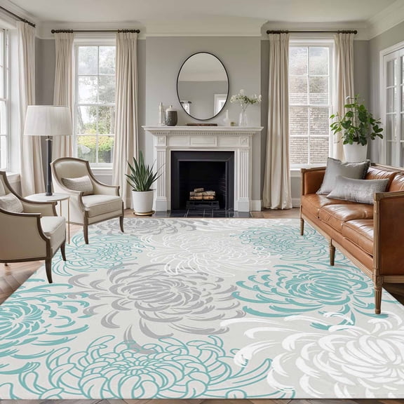 Large Area Rug 8'x10',Aqua White Non-slip Runner Carpet for Living Room/Bedroom/Office,Abstract Grey Chrysanthemum Flower Floral Outdoor Indoor Rectangle Area Rug Floor Mat for Kitchen/Dining Room