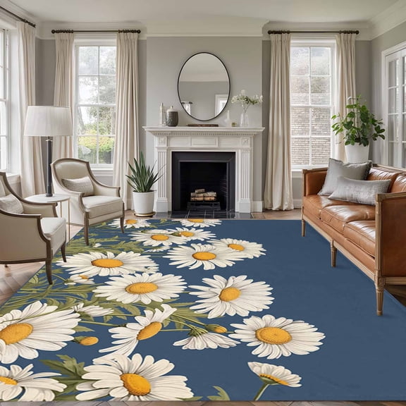 Large Area Rug 8'x10', Daisy Non-slip Runner Carpet for Living Room/Bedroom/Office, Spring Floral Summer Botanical Elegant Navy Blue Outdoor Indoor Area Rug Floor Mat for Kitchen/Dining Room