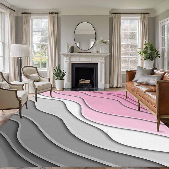 Large Area Rug 8'x10', Pink Grey Ombre Non-slip Runner Carpet for Living Room/Bedroom/Office, Modern Geometric Abstract Aesthetics Cream Outdoor Indoor Area Rug Floor Mat for Kitchen/Dining Room