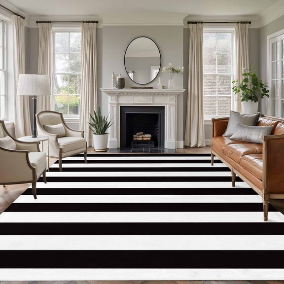 Large Area Rug 8'x10', Simple Black White Stripes Non-slip Runner Carpet for Living Room/Bedroom/Office, Modern Stripes Washable Outdoor Indoor Rectangle Area Rug Floor Mat for Kitchen/Dining Room