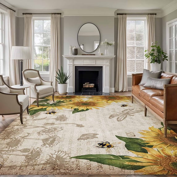 Large Area Rug 8'x10',Sunflowers Non-slip Runner Carpet for Living Room/Bedroom/Office,Vintage Yellow Floral Farm Butterfly Outdoor Indoor Rectangle Area Rug Floor Mat for Kitchen/Dining Room