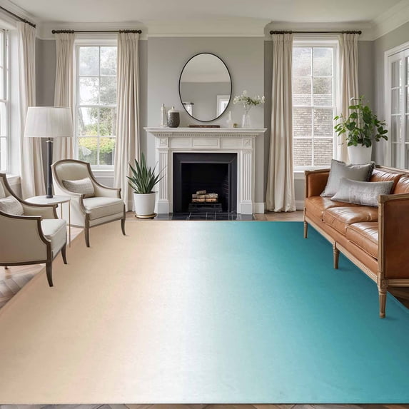 Large Area Rug 8'x10',Teal Beige Ombre Cream Non-slip Runner Carpet for Living Room/Bedroom,Modern Turquoise Abstract Art Outdoor Indoor Rectangle Area Rug Floor Mat for Kitchen/Dining Room