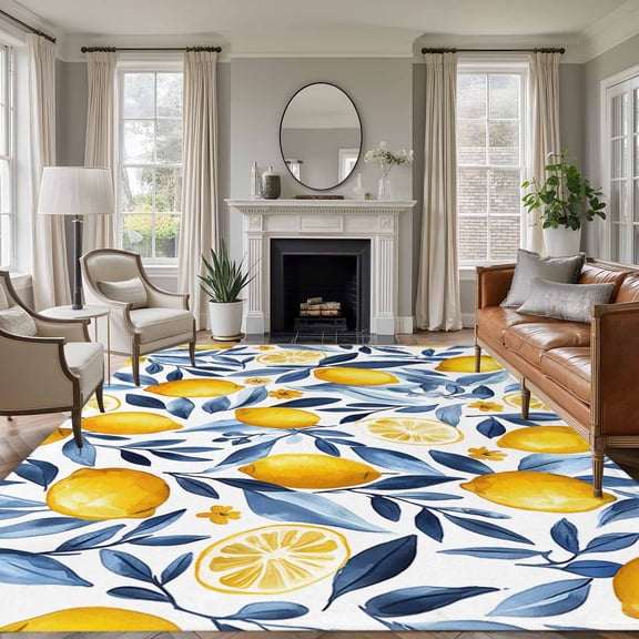 Large Area Rug 8'x10', Yellow Lemon Non-slip Runner Carpet for Living Room/Bedroom/Office, Blue Flower Leaves Spring Summer Plant Outdoor Indoor Rectangle Area Rug Floor Mat for Kitchen/Dining Room