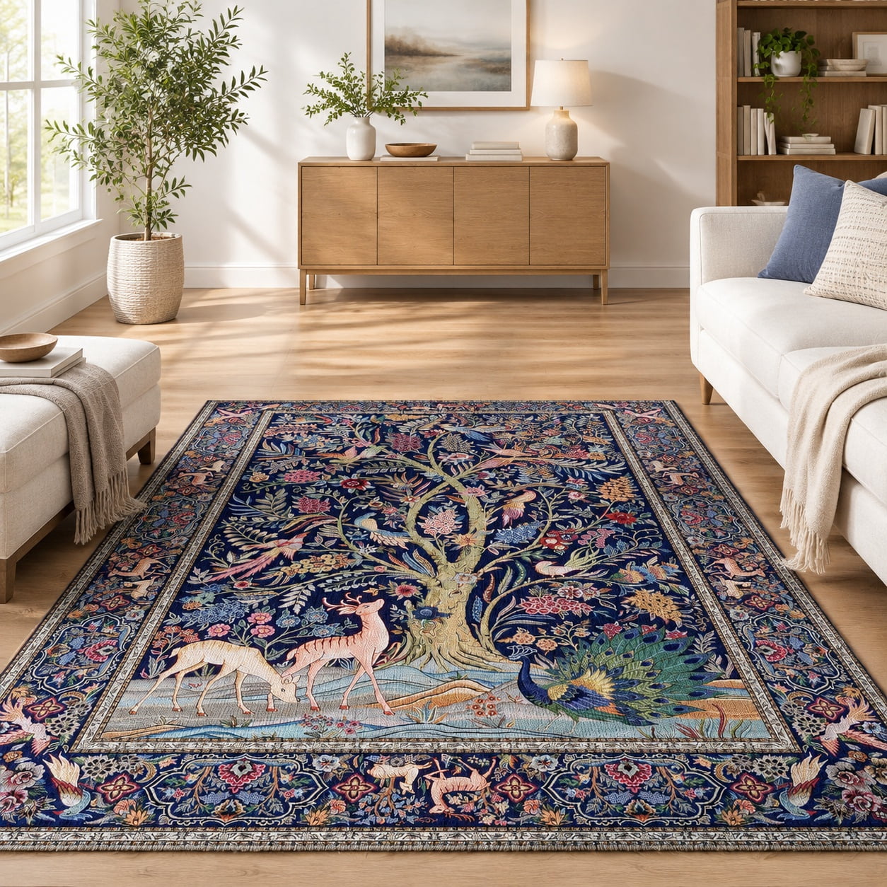 Large Area Rug 8x10 Washable Non Slip Blue Tree of Life Pattern Carpet ...