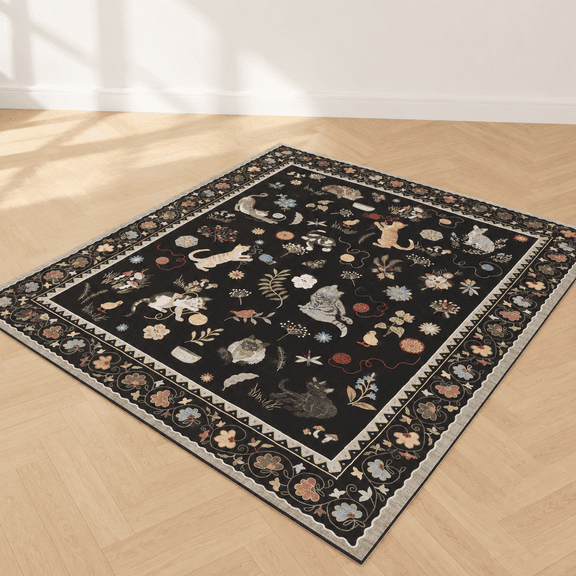 Large Area Rug 8x10 Washable Non Slip Florall Cat Black