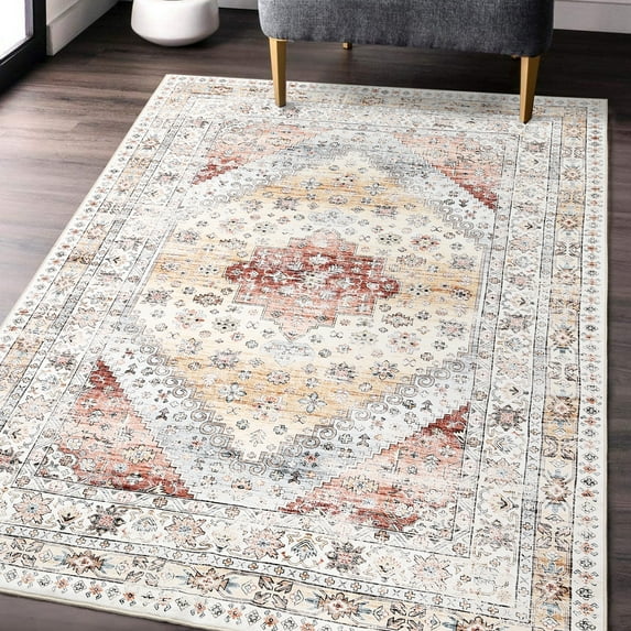 Large Area Rug 8x10 Washable Non Slip Vintage Floor Carpet Ultra Thin Soft Distressed Floral Living Room Rug Medallion Print Non Shedding Throw Rug for Nursery Playroom Decor, Pink