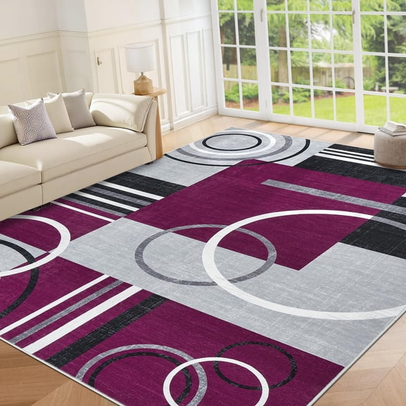 Large Area Rug 8x10 Washable Rug for Living Room Abstract Circle Rugs Non Slip Low Pile Soft Rug Stain Resistant Carpet for Bedroom Home Decor