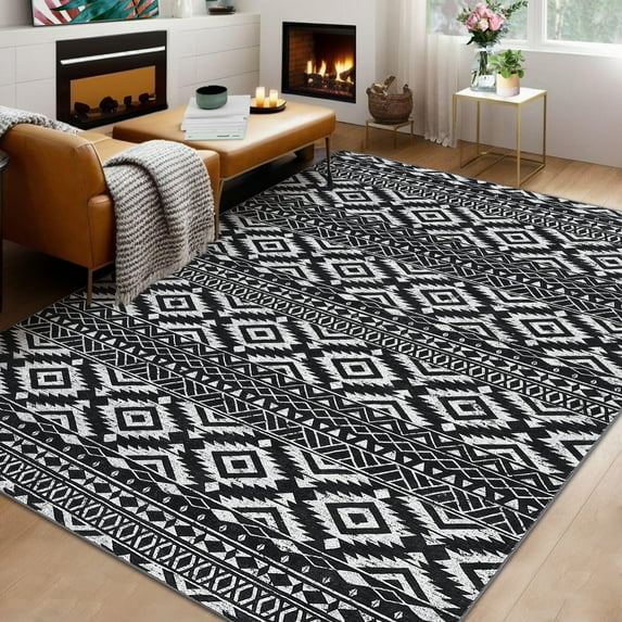 Large Area Rug 8x10ft Non Slip Floor Carpet Washable Geometric Rug, Distressed Faux Wool Rug, Stain Resistant Non Shedding Area Rug, Low Pile Carpet for Bedroom, Living Room, Black