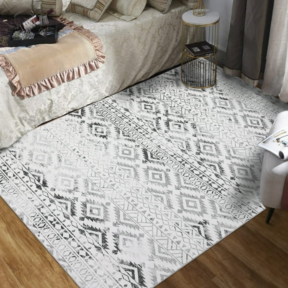 Large Area Rug 8x10ft Non Slip Floor Carpet Washable Geometric Rug, Distressed Faux Wool Rug, Stain Resistant Non Shedding Area Rug, Low Pile Carpet for Bedroom, Living Room, Grey