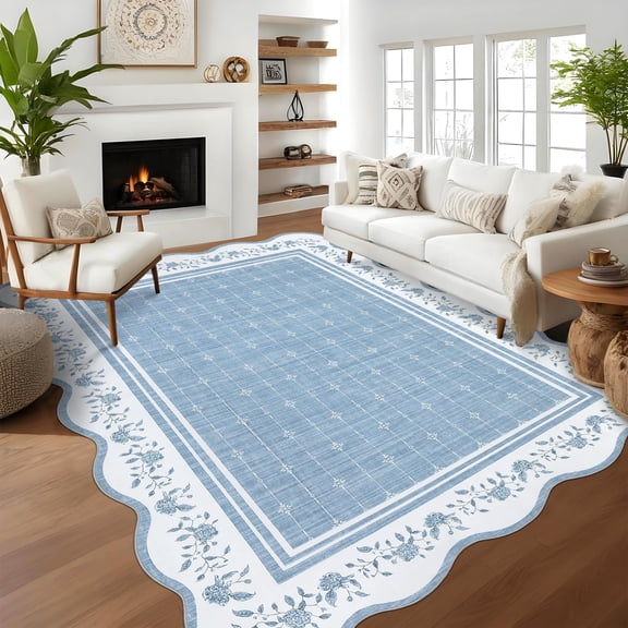 Large Area Rug 9x12 Rugs for Living Room Modern Scalloped Floral Border Rug Washable Foldable Neutral Rugs Low Pile Non Slip Soft Carpet Non-Shedding Thin Mat for Bedroom Office Dorm Blue