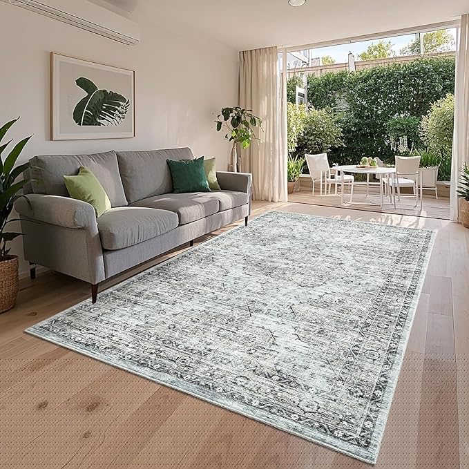 Large Area Rug 9x12 Vintage Floral Rug for Living Rooms Washable & Foldable, Non Slip & Non Shedding, Soft Low Pile Thin Printed Carpet, Indoor Foldable Mat for Bedrooms, Blue Brown