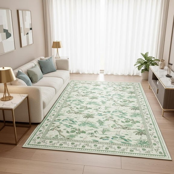 Large Area Rug 9x12 Washable Non-Slip Backing, Low Pile Stain Resistant Mat, Elegent Floor Carpet for Living Room Lobby Dining Room Home Decor, Light Green