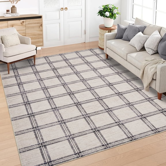Large Area Rug, Machine Washable Modern Rug with Non-Slip Backing, Geometric Plaid Print Floor Mats, Stain-Resistant Thin Indoor Rug for Living Room, Bedroom