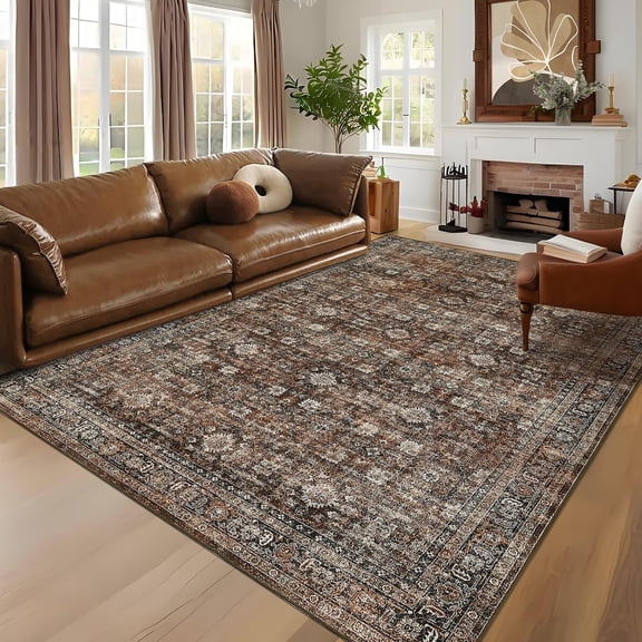 Large Area Rug Vintage Distressed Living Room Rug 10x13 Washable Stain Resistant Throw Carpet with Non-Slip Backing Low Pile Ultra-Thin Floor Cover for Nursery Apartment,Red
