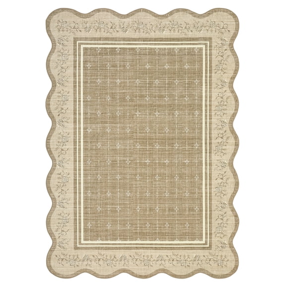Large Area Rug Washable 10x13 Scalloped Floral Living Room Rug Soft Non Slip Low Pile Indoor Carpet Stain Resistant Modern Bordered Accent Carpet for Bedroom Nursery Kids Room Office Camel
