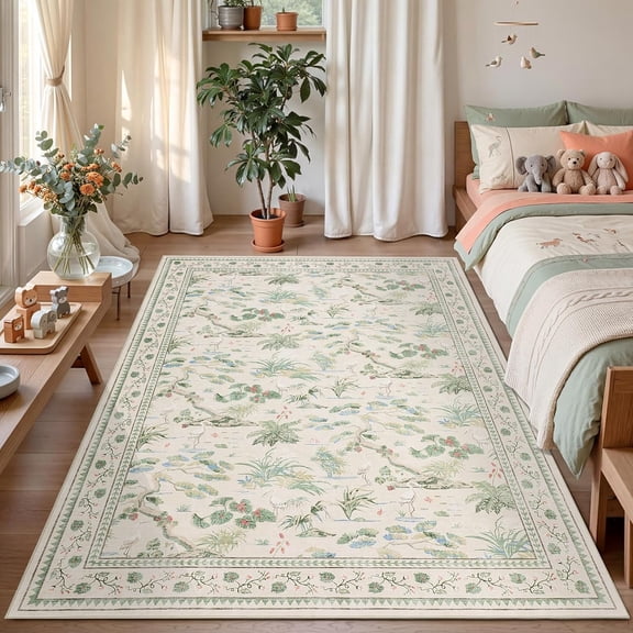 Large Area Rug Washable 9x12 Non-Slip Backing, Low Pile Stain Resistant Mat, Elegent Floor Carpet for Living Room Lobby Dining Room Home Decor, Neutral Beige